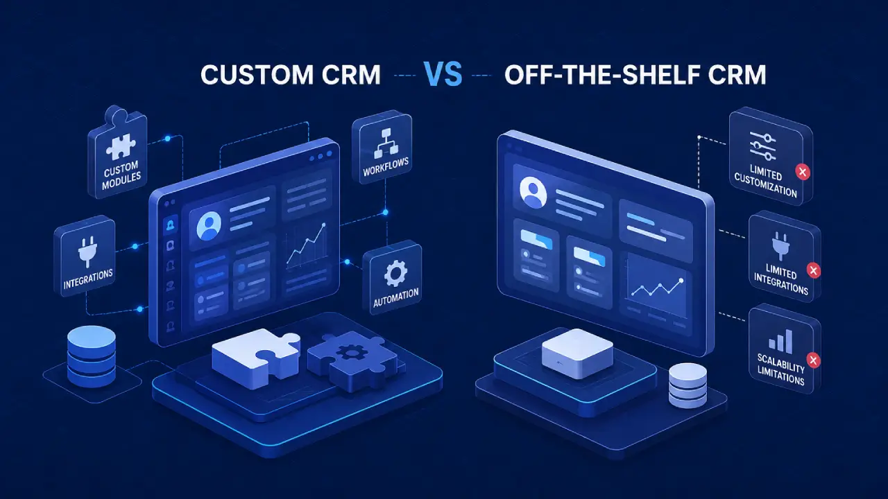 Side-by-side comparison of custom CRM and off-the-shelf CRM highlighting flexibility, workflows, scalability, and features.